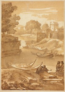 Figurer sittande vid en flod av Giovanni Francesco Grimaldi