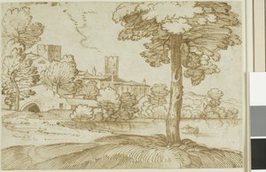 Landskap med ett stort träd till höger och en avlägsen utsikt över en stad till vänster av Giovanni Francesco Grimaldi