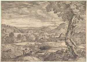 Landskap med tegelbruk i mitten, en stående man i förgrunden p..., 1626-80.