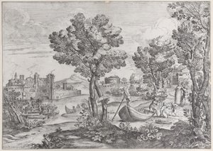 Landskap med en man som håller en orm mot ett skräckslaget barn, bevakat av en moderiktig..., 1626-80. av Giovanni Francesco Grimaldi