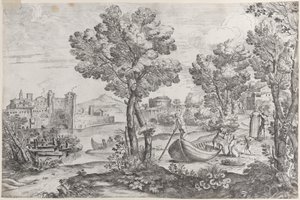 Landskap med en man som håller en orm mot ett skräckslaget barn, bevakat av en moderiktig..., 1626-80. av Giovanni Francesco Grimaldi