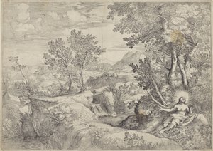 Landskap med den ångerfulla Maria Magdalena av Giovanni Francesco Grimaldi