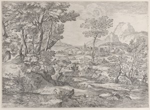 Tre pojkar i ett landskap med en stad i bakgrunden, 1626-80. av Giovanni Francesco Grimaldi