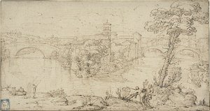Utsikt över Isola Tiberina av Giovanni Francesco Grimaldi