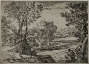 Kvinna, hennes barn och en stående man i ett landskap av Giovanni Francesco Grimaldi