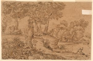 Skogbevuxen landskap med en damm av Giovanni Francesco Grimaldi
