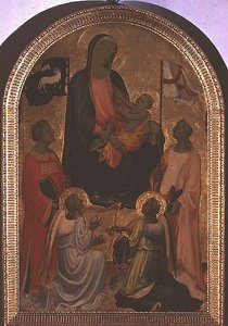Madonna och barn med St. Stephen och St. Ursula (tempera på panel)
