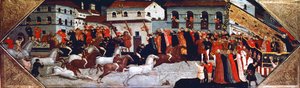 Palio hästkapplöpning på gatorna i Florens, målning av Giovanni di Francesco Toscani (ca 1370-1430), detalj av panelen från cassonen (kistan), Italien