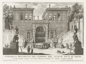 Farnesische Tuinen te Rom Fontän och upphöjning av hertigen av Parmas trädgård (...) (titel på objektet) Fontänerna i Roms palats och trädgårdar (serietitel) Fonteinen in de paleizen en tuinen van Rome (serietitel) av Giovanni Francesco Venturini