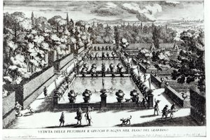Fiskdammar vid Villa dEste, Tivoli, från Le Fontane av Giovanni Battista Falda (c.1648-1787), publicerad av 1689 av Giovanni Francesco Venturini