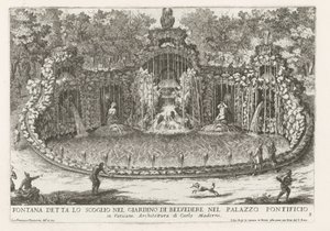 Drakens fontän i de Vaticaanse tuinen Fontän som kallas klippan i Belvedere-trädgården i det påvliga palatset (...) (titel på objektet) Fontänerna i Roms palats och trädgårdar (serietitel) Fonteinen in de paleizen en tuinen van Rome (serie av Giovanni Francesco Venturini