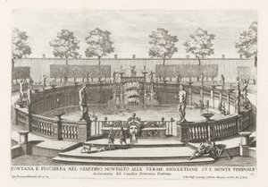 Fontän och fiskdamm i trädgårdarna i Villa Montalto i Rom Fontana e pischiera nel giardino Montalto alle Terme Diocletiane (...) (titel på objekt) Le fontane ne palazzi e ne giardini di Roma (serietitel) Fontäner i palatsen och trädgårdarna i Ro