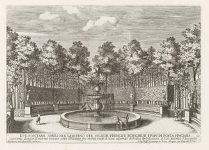 Fontein in de Villa Borghese te Rom Två liknande fontäner i trädgården hos Signor precipe Borghese (...) (titel på objektet) Fontänerna i Roms palats och trädgårdar (serietitel) Fonteinen in de paleizen en tuinen van Rome (serietitel)