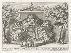 Fontein in de Villa Borghese te Rom Rustik fontän i herr precipe Borgheses trädgård (...) (titel på objektet) Fontänerna i Roms palats och trädgårdar (serietitel) Fonteinen in de paleizen en tuinen van Rome (serietitel) av Giovanni Francesco Venturini
