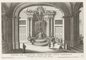 Fontein på plats på Palazzo Massimo di Rignano i Rom Fontän i Palazzo de Signori Massimi under Campidoglio (titel på objekt) Fontänerna i Roms palats och trädgårdar (serietitel) Fonteinen in de paleizen en tuinen van Rome (seriös av Giovanni Francesco Venturini