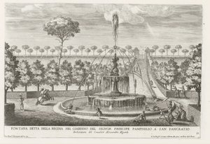 Fontein in de tuinen av Villa Doria Pamphilj te Rom Fontän känd som drottningen i Prince Pamphilios trädgård i San Pancratio (titel på objektet) Fontänerna i Roms palats och trädgårdar (serietitel) Fonteinen in de paleizen en tuinen v av Giovanni Francesco Venturini