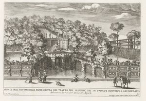 Fontein in de tuinen av Villa Doria Pamphilj te Rom Utsikt över fontänerna på höger sida av trädgårdsteatern (...) (titel på objekt) Fontänerna i Roms palats och trädgårdar (serietitel) Fonteinen in de paleizen en tuinen van Rome (serie av Giovanni Francesco Venturini