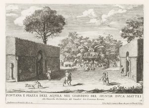 Fontein träffade adelaar i trädgården av Villa Celimontana i Rom Fontän och piazza del aquila i Herr Duke Matteis trädgård (...) (titel på objektet) Fontänerna i Roms palats och trädgårdar (serietitel) Fonteinen in de paleizen en tuinen van R av Giovanni Francesco Venturini