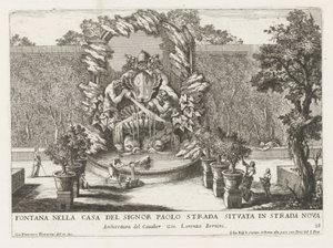 Fontän med ett påvligt vapen, två tritoner och delfiner Fontana nella casa del signor Paolo strada situata in strada nova (titel på objekt) Le fontane ne palazzi e ne giardini di Roma (serietitel) Fontäner i Roms palats och trädgårdar ( av Giovanni Francesco Venturini
