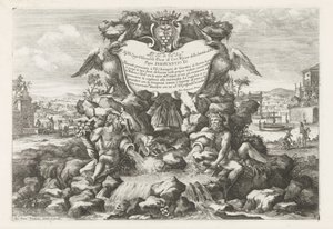 Fontän med dedikation och vapen av Livio Odescalchi Le fontane ne palazzi e ne giardini di Roma (serietitel) Fontäner i Roms palats och trädgårdar (serietitel) av Giovanni Francesco Venturini