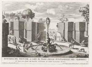 Fontein träffade Triton i trädgården av Villa Celimontana i Rom Tritonfontän i spetsen för fontänavenyn i trädgården (...) (titel på objektet) Fontänerna i Roms palats och trädgårdar (serietitel) Fonteinen in de paleizen en tuinen van av Giovanni Francesco Venturini