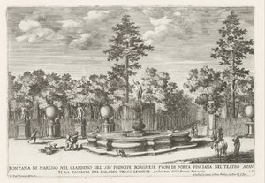 Fontein van Narcissus i Villa Borghese i Rom Narcissusfontän i herr prins Borgheses trädgård (...) (titel på objektet) Fontänerna i Roms palats och trädgårdar (serietitel) Fonteinen in de paleizen en tuinen van Rome (serietitel) av Giovanni Francesco Venturini