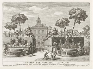 Fonteinen in de tuinen av Villa Montalto Negroni te Rom Fontän i Montalto-trädgården (...) (titel på objekt) Fontänerna i Roms palats och trädgårdar (serietitel) Fonteinen in de paleizen en tuinen van Rome (serietitel) av Giovanni Francesco Venturini