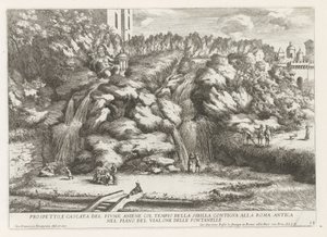 Landschap met cascade en Tempel van de Tiburtijnse Sibille te Tivoli Prospekt och vattenfall i floden Aniene med sibyllans tempel (...) (titel på objektet) Fontänerna i Este-trädgården i Tivoli (serietitel) Fonteinen in de tuinen van Villa d