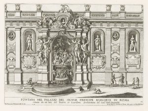 Nymphaeum i binnenplaats av Palazzo Borghese i Rom Fontän i prins Borgheses palats i Rom (...) (titel på objektet) Fontänerna i Roms palats och trädgårdar (serietitel) Fonteinen in de paleizen en tuinen van Rome (serie av Giovanni Francesco Venturini