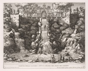 The Fountains of Rome, Bok IV, skylt 21: Vy över kaskaden nedanför orgeln från trädgården. av Giovanni Francesco Venturini
