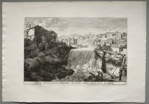 The Fountains of Rome, Bok IV, skylt 27: Vy över huvudkaskaden av floden Aniene i Tivoli. av Giovanni Francesco Venturini
