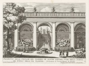 Tuin van een paleis te Rom Prospekt av fontänerna i Boromei-herrarnas trädgård (...) (titel på objektet) Fontänerna i Roms palats och trädgårdar (serietitel) Fonteinen in de paleizen en tuinen van Rome (serietitel) av Giovanni Francesco Venturini