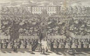 Utsikt över palatset från trädgårdsvåningen med dess fontäner ..., 1691 eller senare. av Giovanni Francesco Venturini