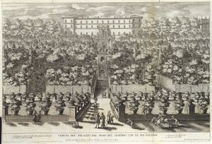 Utsikt över palatset från trädgårdsvåningen med dess fontäner, från La Fontane, pub. c 1691 av Giovanni Francesco Venturini