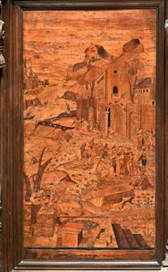 Genua, Duomo (St Lawrence Cathedral), inuti, absid, kör, norra sidan: "Moses räddad från vattnet", träintarsia av Giovanni Francesco Zambelli (XVI-talet) av Giovanni Francesco Zambelli
