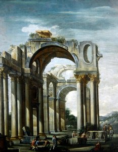 En Capriccio av klassiska ruiner med figurer (olja på duk)