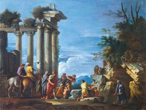 En tempelruin med Pythagoras som kommer ur underjorden, andra hälften av 1600-talet.