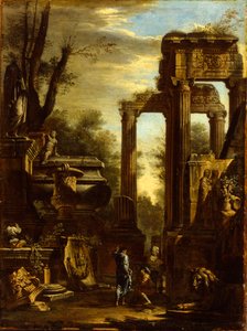Capriccio av klassiska ruiner och statyer med figurer som samtalar