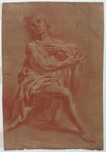 Teckning, Knäböjande man, till en tillbedjan av herdarna, 1601-1650 av Giovanni Giacomo Barbelli