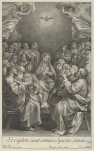Jungfrun med apostlar som tittar upp mot den heliga duvan och två änglar, efter Reni, 1700-50. av Giovanni Girolamo Frezza