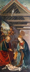 Barnets tillbedjan, central panel i triptyk föreställande Födelsen med helgonet Franciskus och Bartolomeus med två donatorer