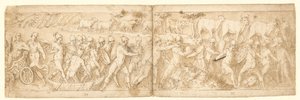 Barbarflyktingar och deras djur förs ut ur deras gömställe (CXVI); uppe till vänster i slutet av en kartusch med en rullning (Guerras eget tillägg) av Giovanni Guerra