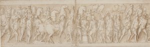 Tillfångatagna kvinnor förs bort (slutet av LXXIII); parad av livräddarna (LXXIV); Marcus Aurelius offrar vid ett altare (LXXV); Marcus Aurelius tittar på en attack (början av LXXVI) av Giovanni Guerra