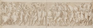 Slut på en marsch av kejsaren med hans legionärer och vakter (slutet av XCIII); romarna bygger ett läger (början av XCIV); romarna på marsch med kejsaren (XXXV / XXXVI) av Giovanni Guerra