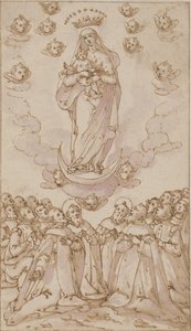 Madonna och barn på en halvmåne som verkar för en grupp helgon, präster och lekmän av Giovanni Guerra