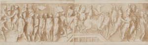 Romerska soldater som bygger ett läger (slutet av LXXXII); en adress (LXXXIII); Romare som korsar en flod på en pontonbro (LXXXIV); kvinnor tas till fånga (början av LXXXV) av Giovanni Guerra