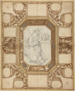 Tak med allegoriska figurer och påven Sixtus V:s vapen (Guerras yttre teckning); Saint Joseph and the Christ Child (Vianis centrala teckning) av Giovanni Guerra and Domenico Maria Viani