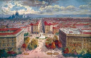 Milano / Milano: Panorama från slottet (färglitografi)