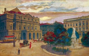Milano / Milano: Piazza och Teatro della Scala (färglitografi)