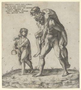 Aeneas räddar Anchises, en ung pojke som bär en lykta till vänster, ca. 1525., ca. 1525. av Giovanni Jacopo Caraglio